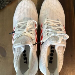 Adidas UltraBoost. Size 11. White with red strips. Worn a couple times